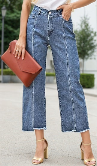 2025 New Women's Fashionable Casual Plus Size Jeans, High Waist Wide Leg 7-inch Straight Leg Jeans, Suitable For Various Clothing, Women's Plus Size Women's Clothing